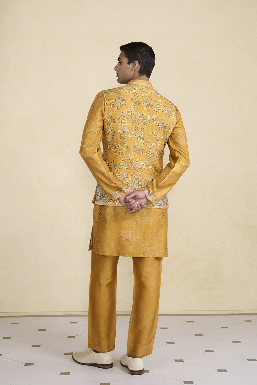Zarghun Printed Silk Nehru Jacket - Mustard, Mustard, image 2